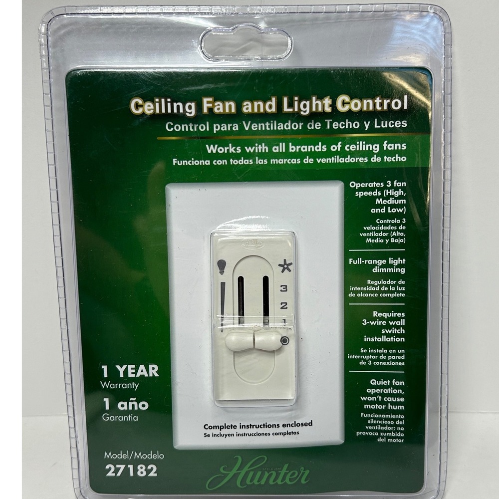 Hunter 27182 Ceiling Fan and Light Control Wall Switch 3-Speed Dimmer White NEW